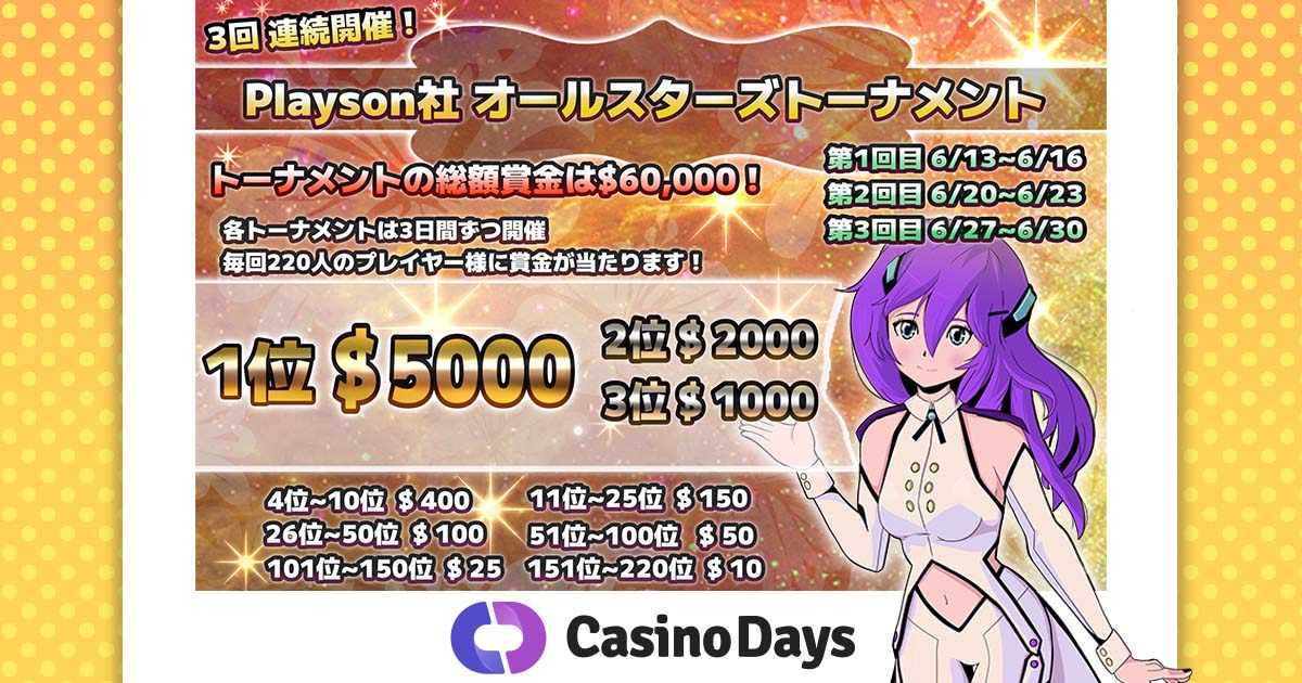 【カジノデイズ】賞金総額$60,000！Playson社オールスターズトーナメント開催！